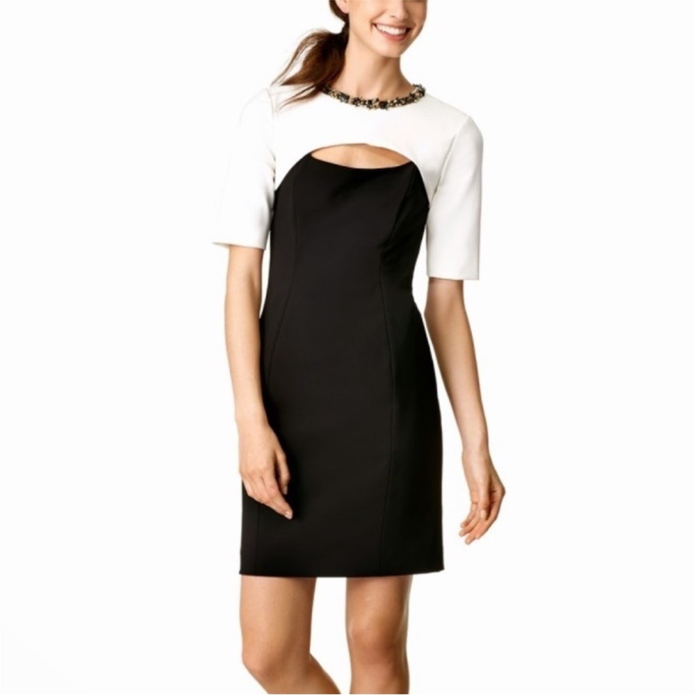 NWT Shoshanna Short Sleeve Embellished Neckline Twill Dress